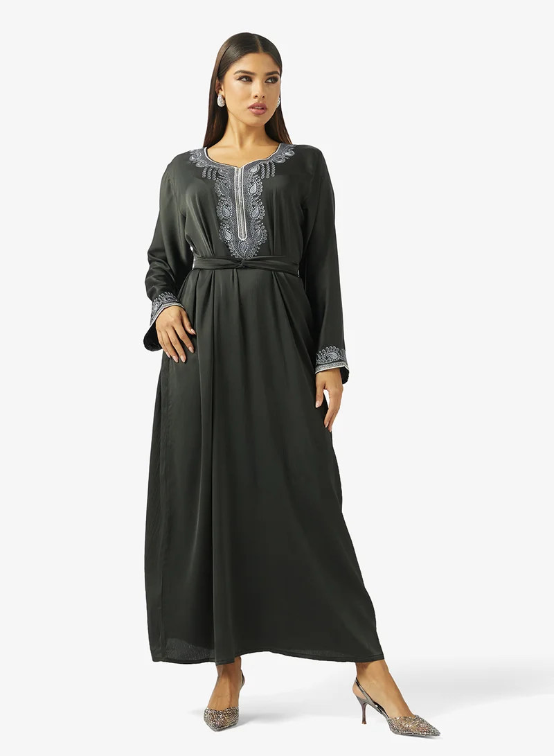 hayas closet  Floral Embroidery Work At Front Section And Belt Jalabiya for Women | Best Price UAE